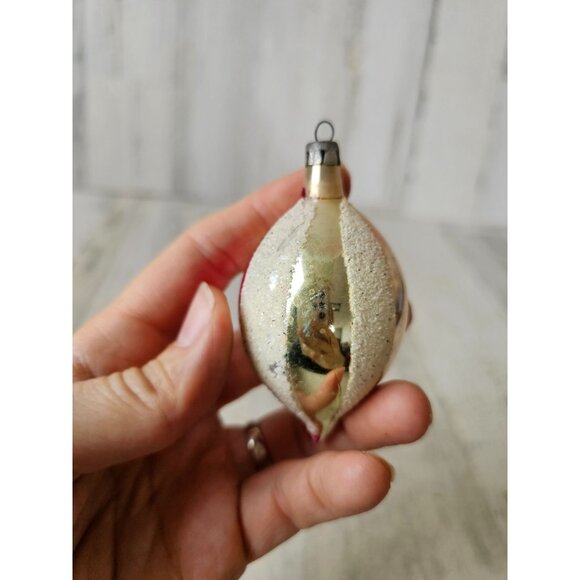 Vintage Mercury glass indent teardrop blue striped flocked ornament Xmas tree - Picture 2 of 13